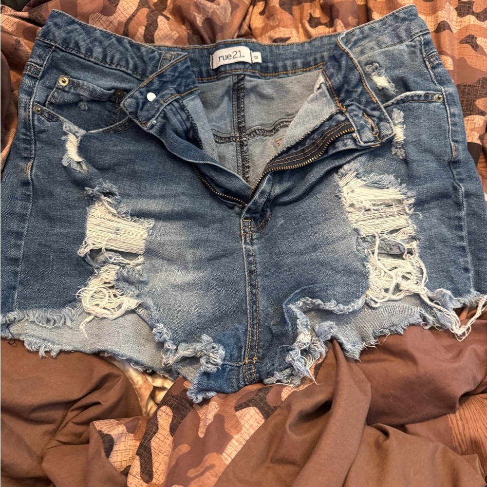 Rue21 Blue Distressed Jean Shorts with Frayed Hem